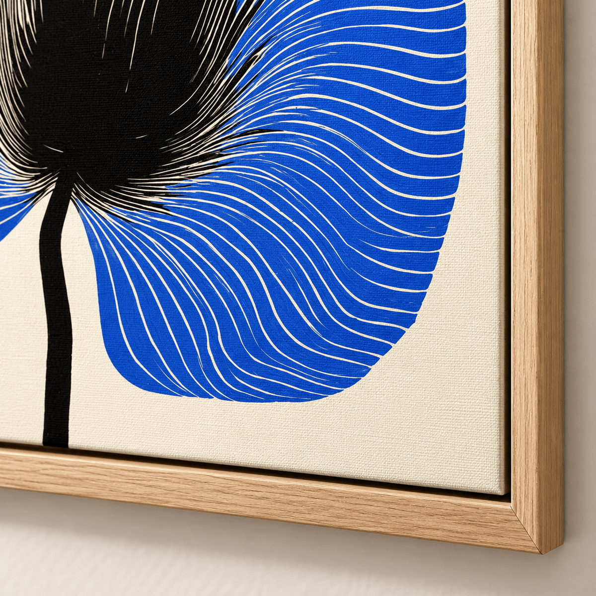 Blue Flower Wall Art – Cobalt Bloom by Rossetti Art, close-up of the canvas texture and floater frame corner
