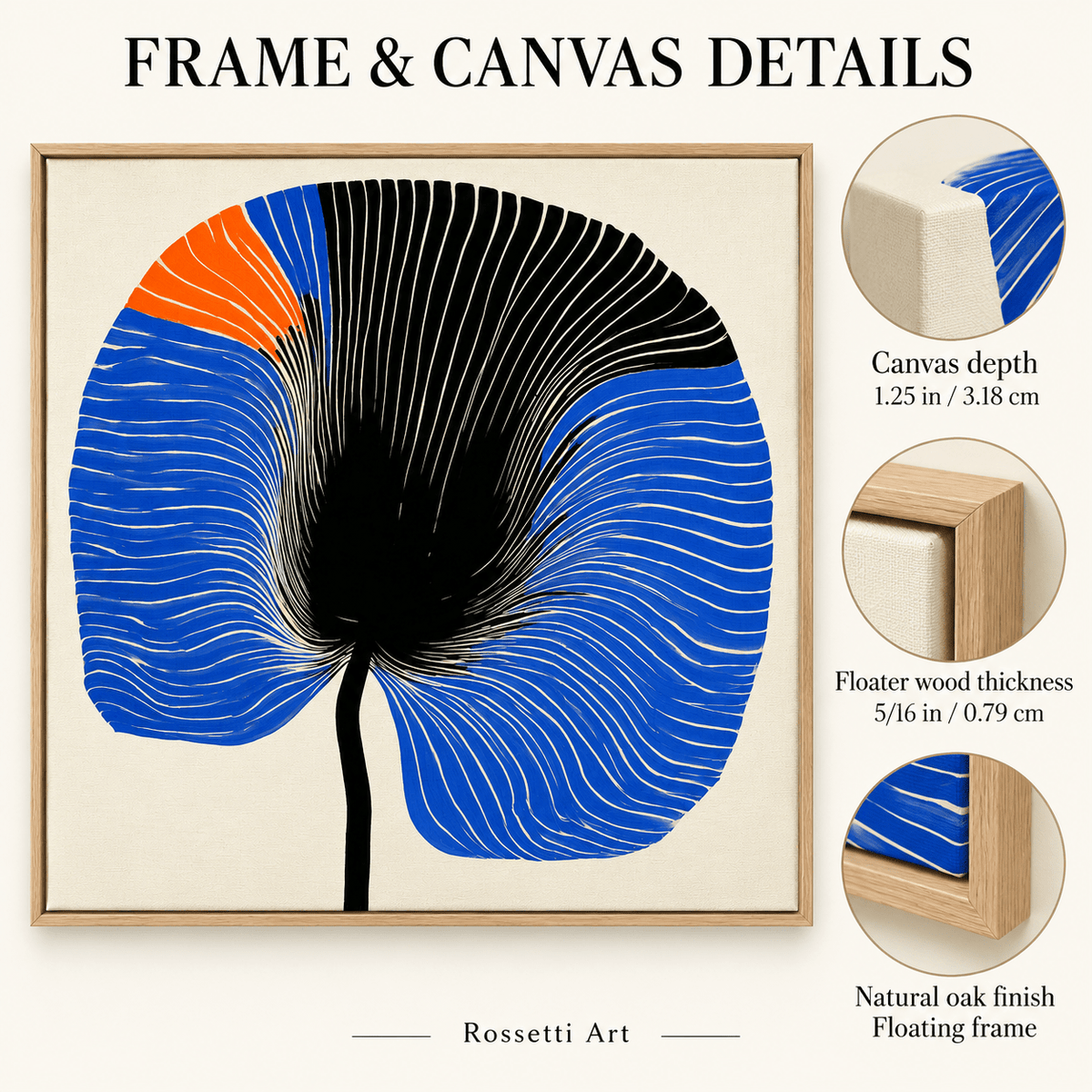 Blue Flower Wall Art – Cobalt Bloom by Rossetti Art, canvas and floater frame details