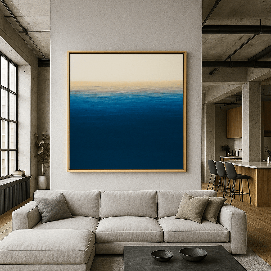Canvas Print: Blue Horizon Abstract Canvas Print – Minimalist Ocean - Inspired Wall Art for Elegant Interiors | Rossetti Art modern abstract canvas wall art by Rossetti Art – luxury interior design artwork for living room, bedroom, office – abstract wall art contemporary wall design extra large canvas wall art for living room