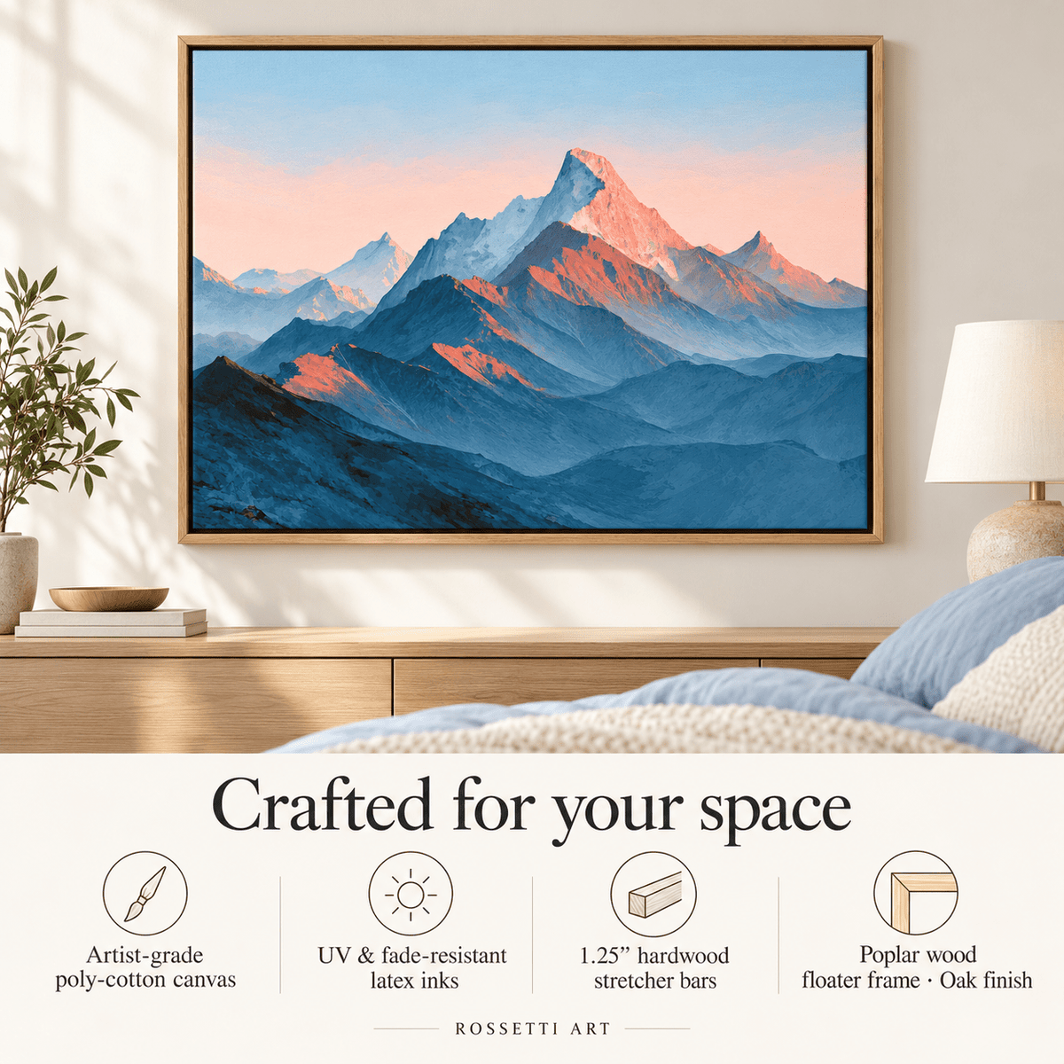 Blue Mountain Painting – Alpine Dawn canvas print by Rossetti Art, peach light on alpine peaks