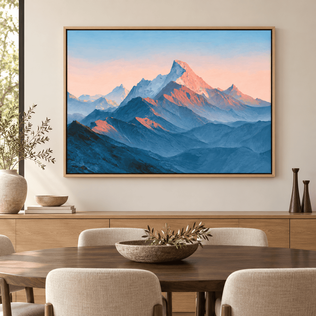 Blue mountain wall art Alpine Dawn above a wooden sideboard in a dining room