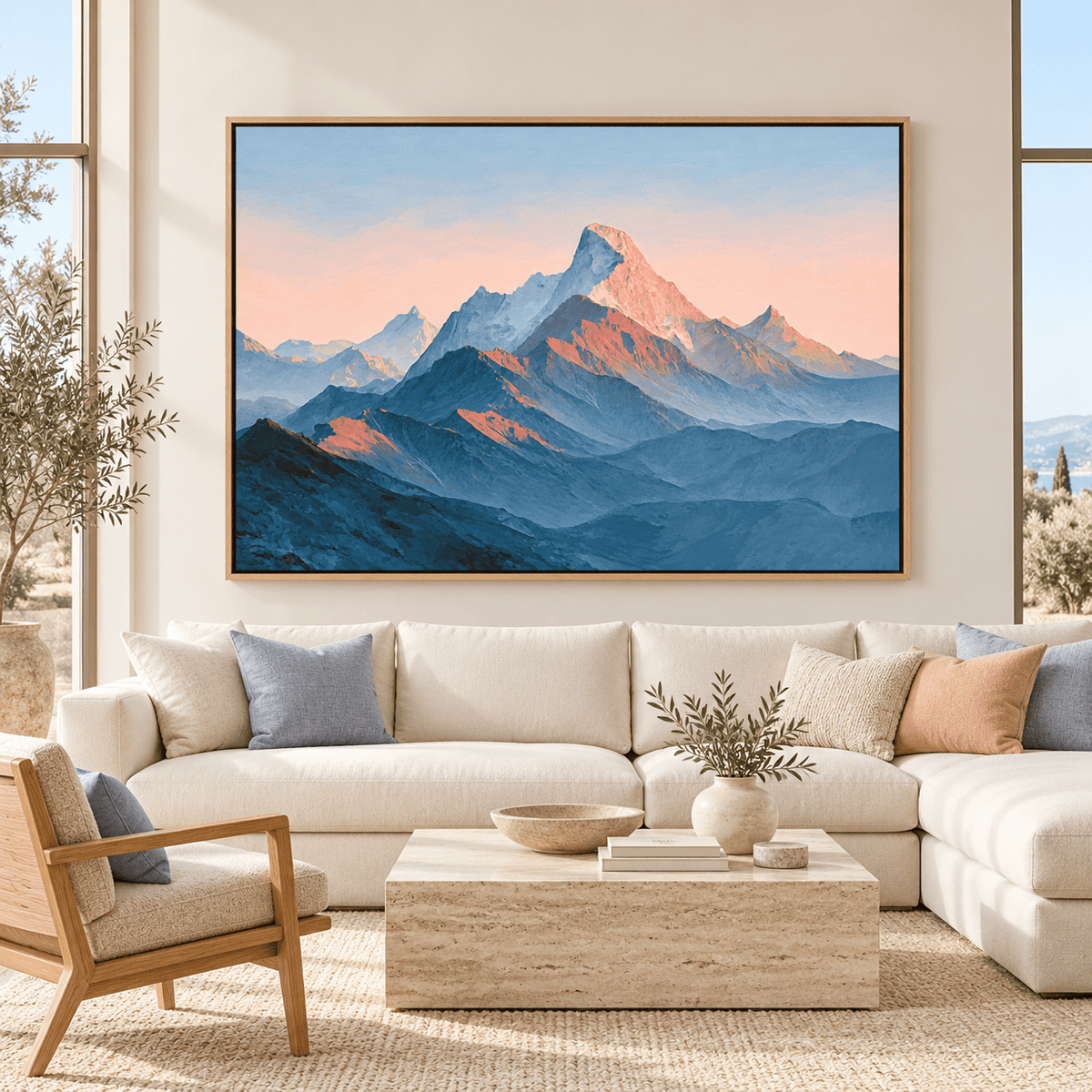 Blue mountain painting Alpine Dawn above a cream sofa in a bright living room