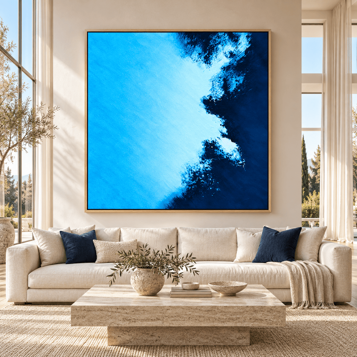 Blue Textured Wall Art – Arctic Azure above a sofa by Rossetti Art