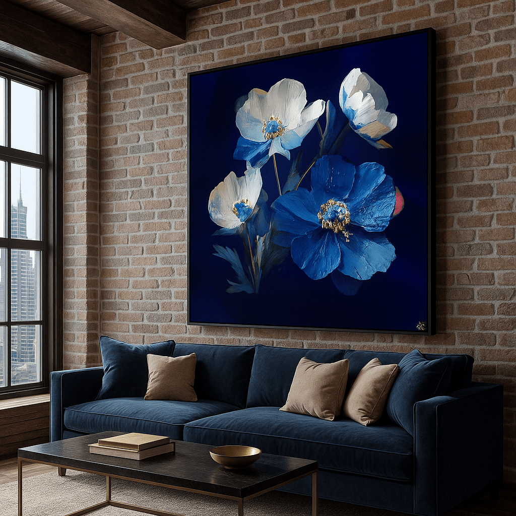 Canvas Print: Blue Whisper Blossoms – Elegant Floral Canvas Print Art by Chiara Rossetti | Luxury Wall Art for Modern Interiors modern abstract canvas wall art by Rossetti Art – luxury interior design artwork for living room, bedroom, office – abstract wall art canvas print art Chiara Rossetti