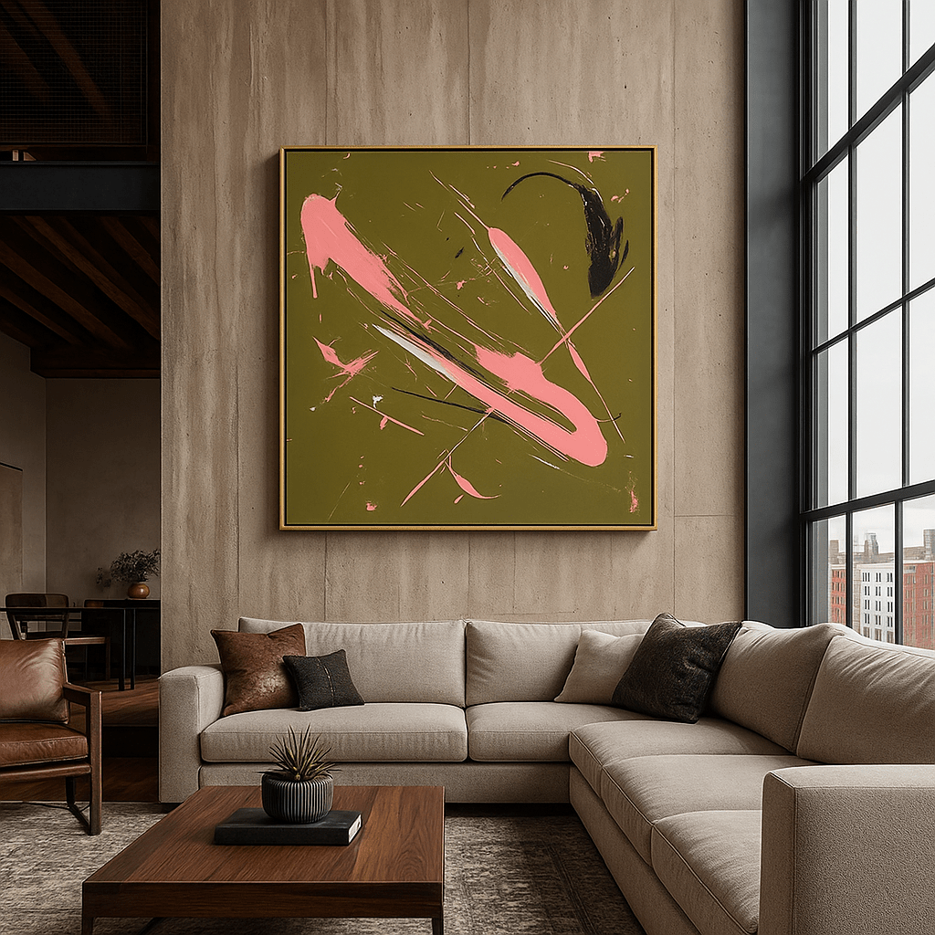Canvas Print: Blush Velocity – Abstract Expressionist Canvas Print in Olive and Pink modern abstract canvas wall art by Rossetti Art – luxury interior design artwork for living room, bedroom, office – abstract wall art canvas print art Chiara Rossetti
