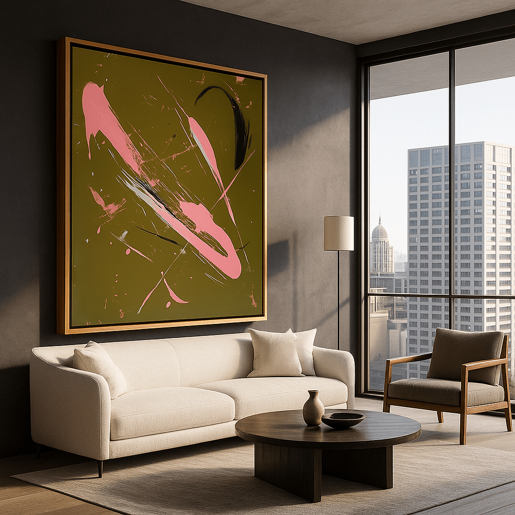 Canvas Print: Blush Velocity – Abstract Expressionist Canvas Print in Olive and Pink modern abstract canvas wall art by Rossetti Art – luxury interior design artwork for living room, bedroom, office – abstract wall art canvas print art Chiara Rossetti