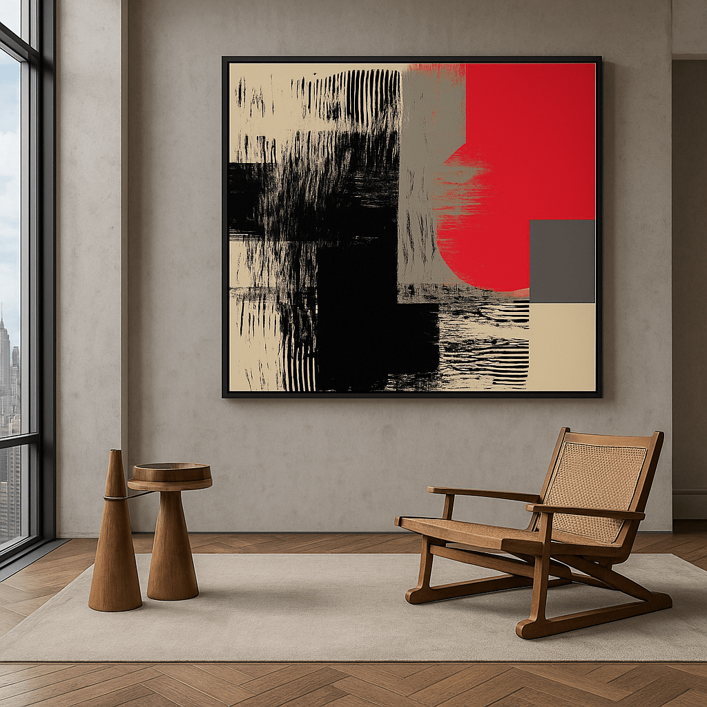 Canvas Print: Bold Contrast Harmony – Abstract Red & Black Canvas Print for Modern Interiors modern abstract canvas wall art by Rossetti Art – luxury interior design artwork for living room, bedroom, office – abstract wall art contemporary wall design extra large canvas wall art for living room