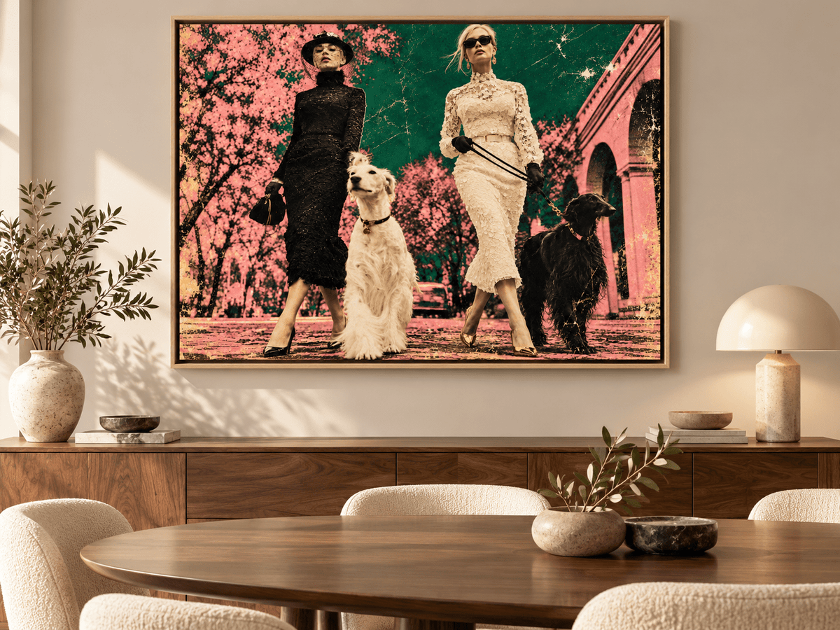 Borzoi Art – Borzoi Promenade by Rossetti Art above a wooden sideboard in a dining room