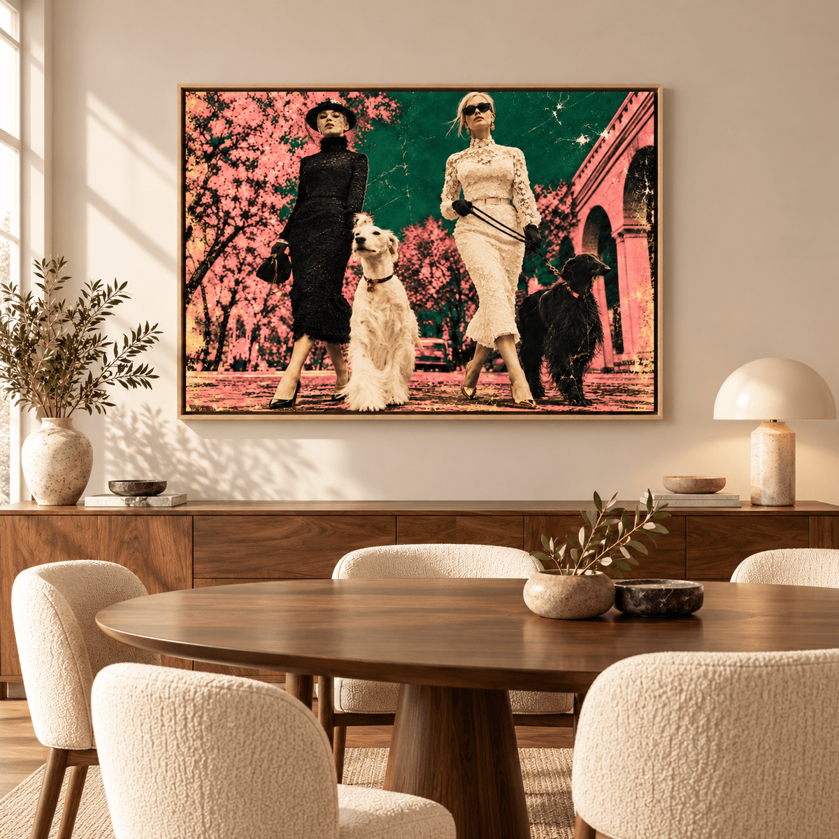 Borzoi Art – Borzoi Promenade by Rossetti Art above a dining table with cream chairs
