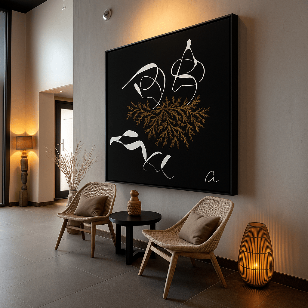 Canvas Print: Botanical Rhythm – Black, White & Gold Abstract Art modern abstract canvas wall art by Rossetti Art – luxury interior design artwork for living room, bedroom, office – Bold and Dynamic Artistic Home Accent Colorful Statement Wall Art Contemporary Grid Art