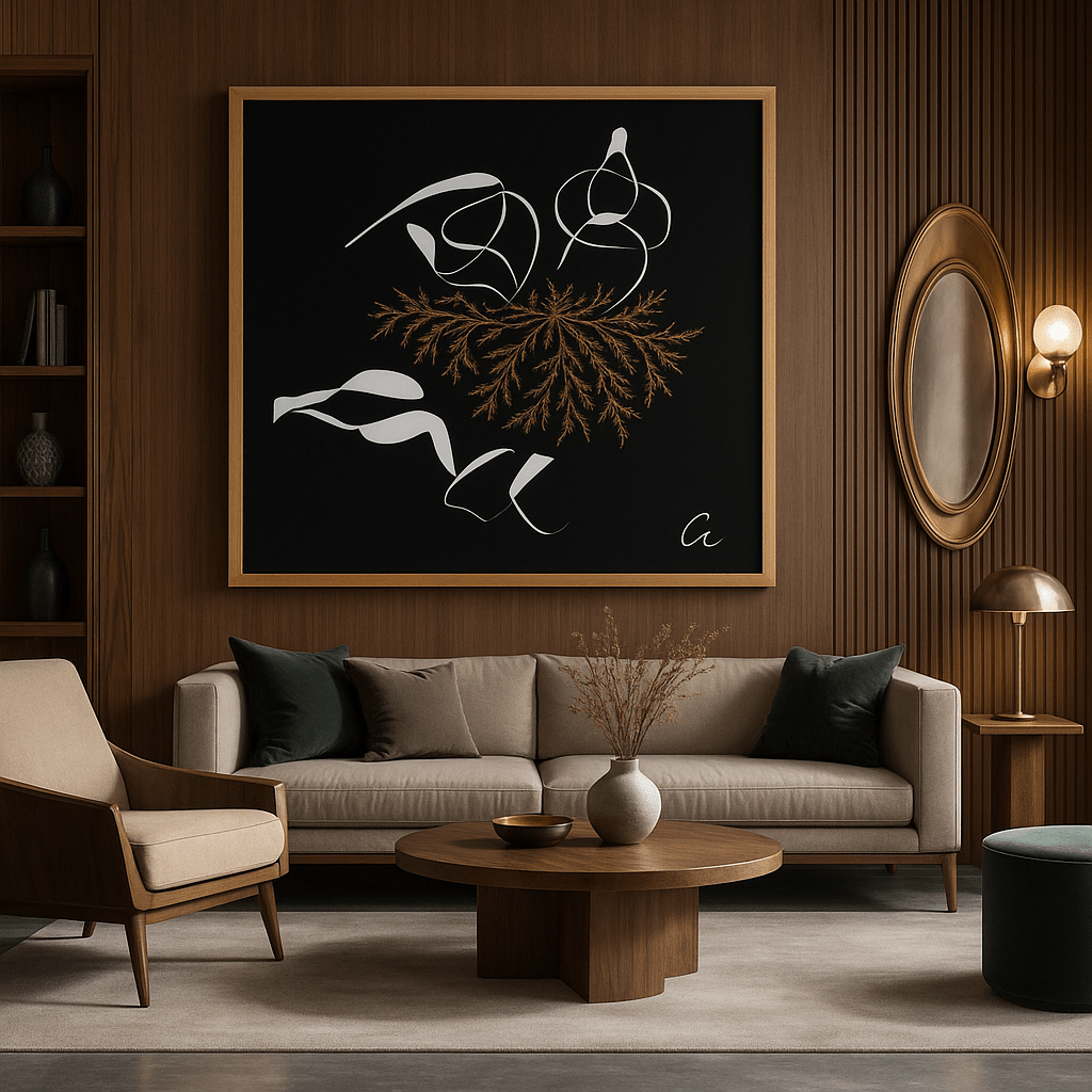 Canvas Print: Botanical Rhythm – Black, White & Gold Abstract Art modern abstract canvas wall art by Rossetti Art – luxury interior design artwork for living room, bedroom, office – Bold and Dynamic Artistic Home Accent Colorful Statement Wall Art Contemporary Grid Art