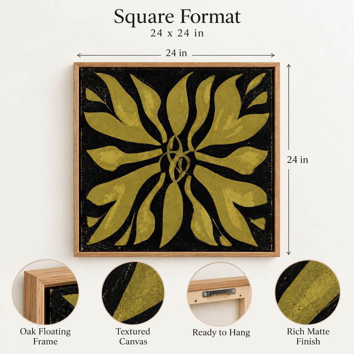 Product infographic for gold and black botanical fern canvas print with oak floating frame