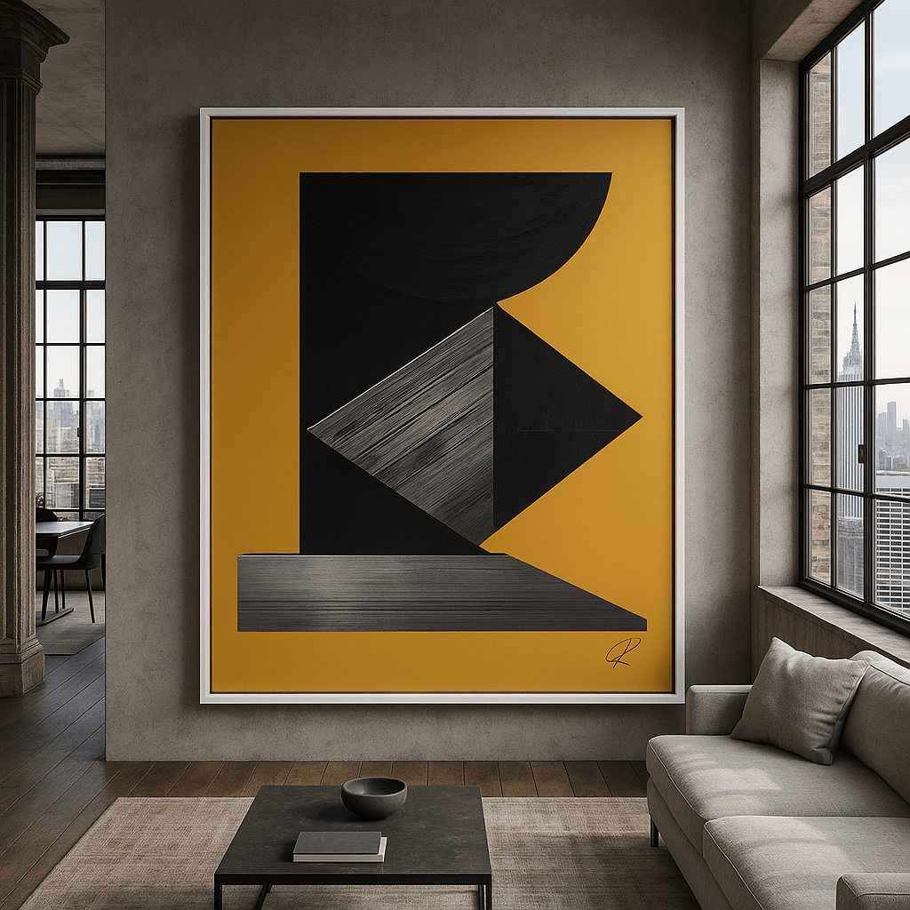 Canvas Print: Brass Geometry Construct – Abstract Modern Art Canvas modern abstract canvas wall art by Rossetti Art – luxury interior design artwork for living room, bedroom, office – Architectural Wall Piece Black and Silver Art Print Bold Geometric Design