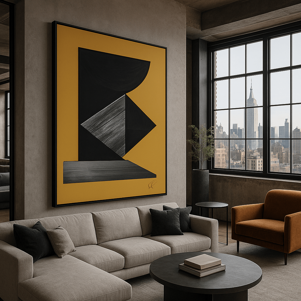 Canvas Print: Brass Geometry Construct – Abstract Modern Art Canvas modern abstract canvas wall art by Rossetti Art – luxury interior design artwork for living room, bedroom, office – Architectural Wall Piece Black and Silver Art Print Bold Geometric Design