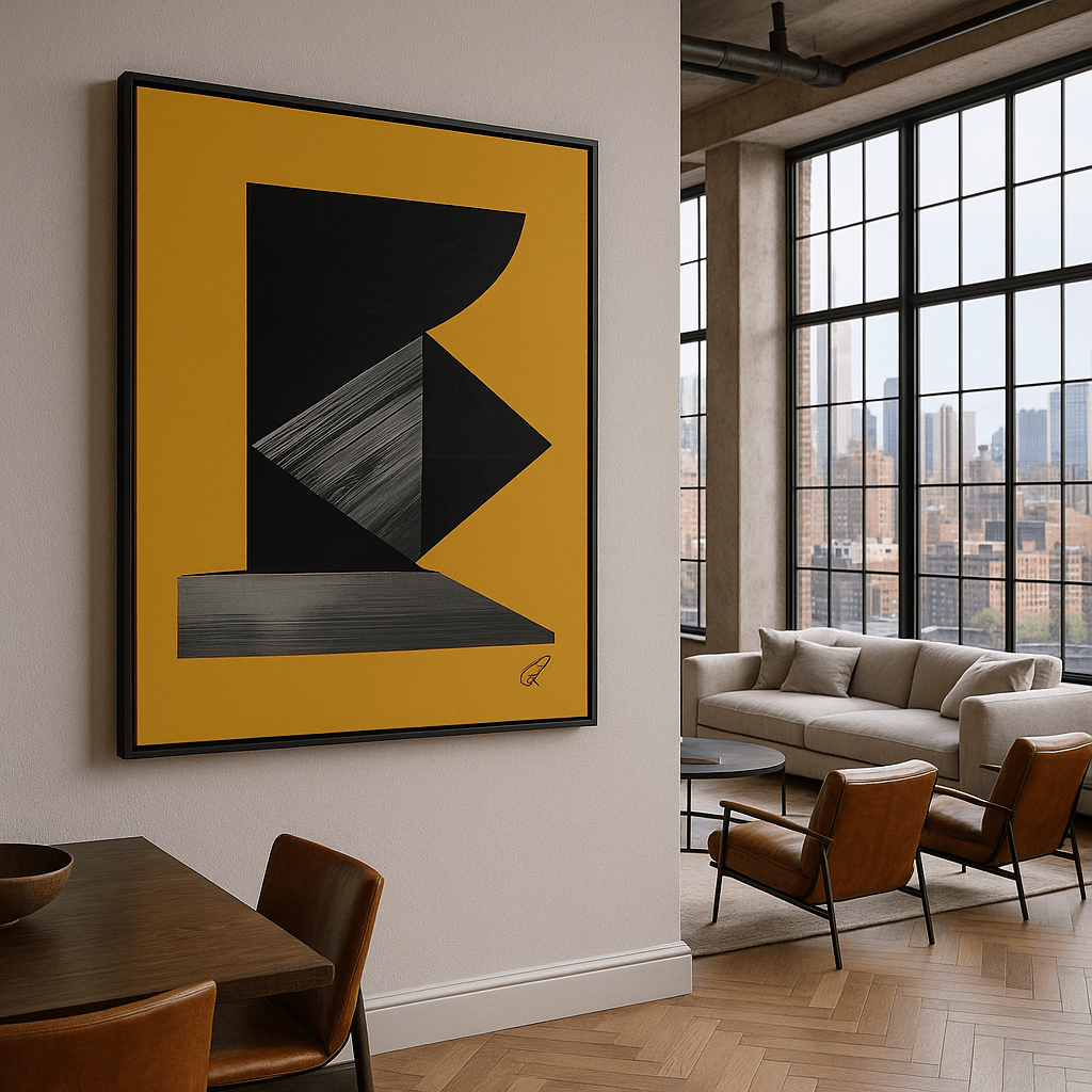 Canvas Print: Brass Geometry Construct – Abstract Modern Art Canvas modern abstract canvas wall art by Rossetti Art – luxury interior design artwork for living room, bedroom, office – Architectural Wall Piece Black and Silver Art Print Bold Geometric Design