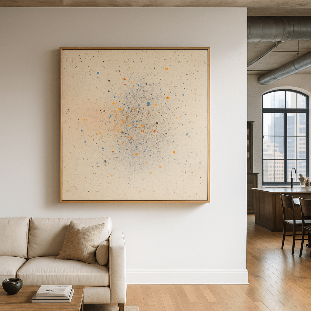 Canvas Print: Celestial Drift – Abstract Pointillist Canvas Print | Modern Minimalist Wall Art by Chiara Rossetti modern abstract canvas wall art by Rossetti Art – luxury interior design artwork for living room, bedroom, office – abstract wall art canvas print art Chiara Rossetti
