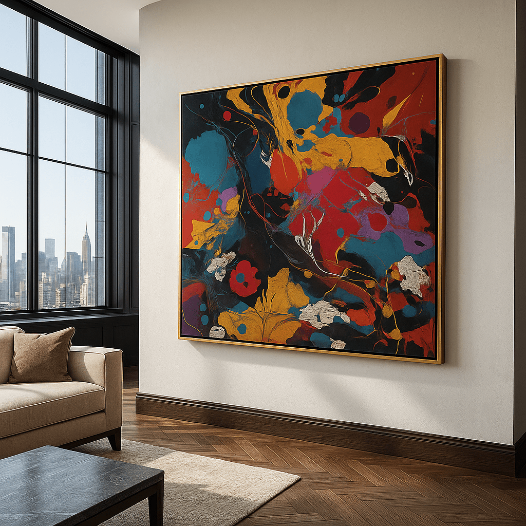 Canvas Print: Celestial Pulse – Abstract Expressionist Canvas Print in Red, Yellow & Blue | Luxury Modern Wall Art by Chiara Rossetti modern abstract canvas wall art by Rossetti Art – luxury interior design artwork for living room, bedroom, office – abstract wall art canvas print art Chiara Rossetti