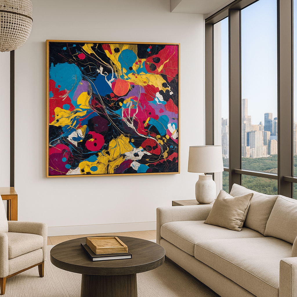 Canvas Print: Celestial Pulse – Abstract Expressionist Canvas Print in Red, Yellow & Blue | Luxury Modern Wall Art by Chiara Rossetti modern abstract canvas wall art by Rossetti Art – luxury interior design artwork for living room, bedroom, office – abstract wall art canvas print art Chiara Rossetti