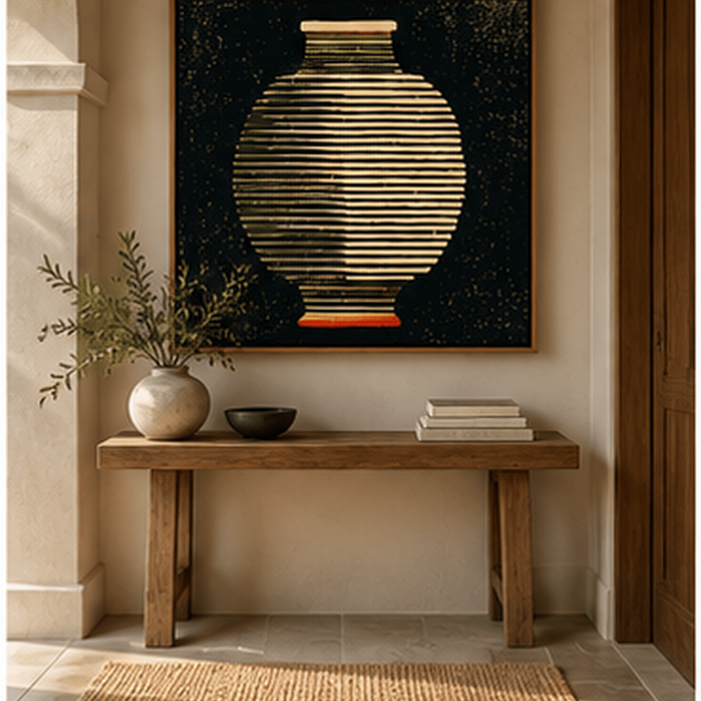 Square round vase canvas print in oak floating frame styled in a warm modern entryway
