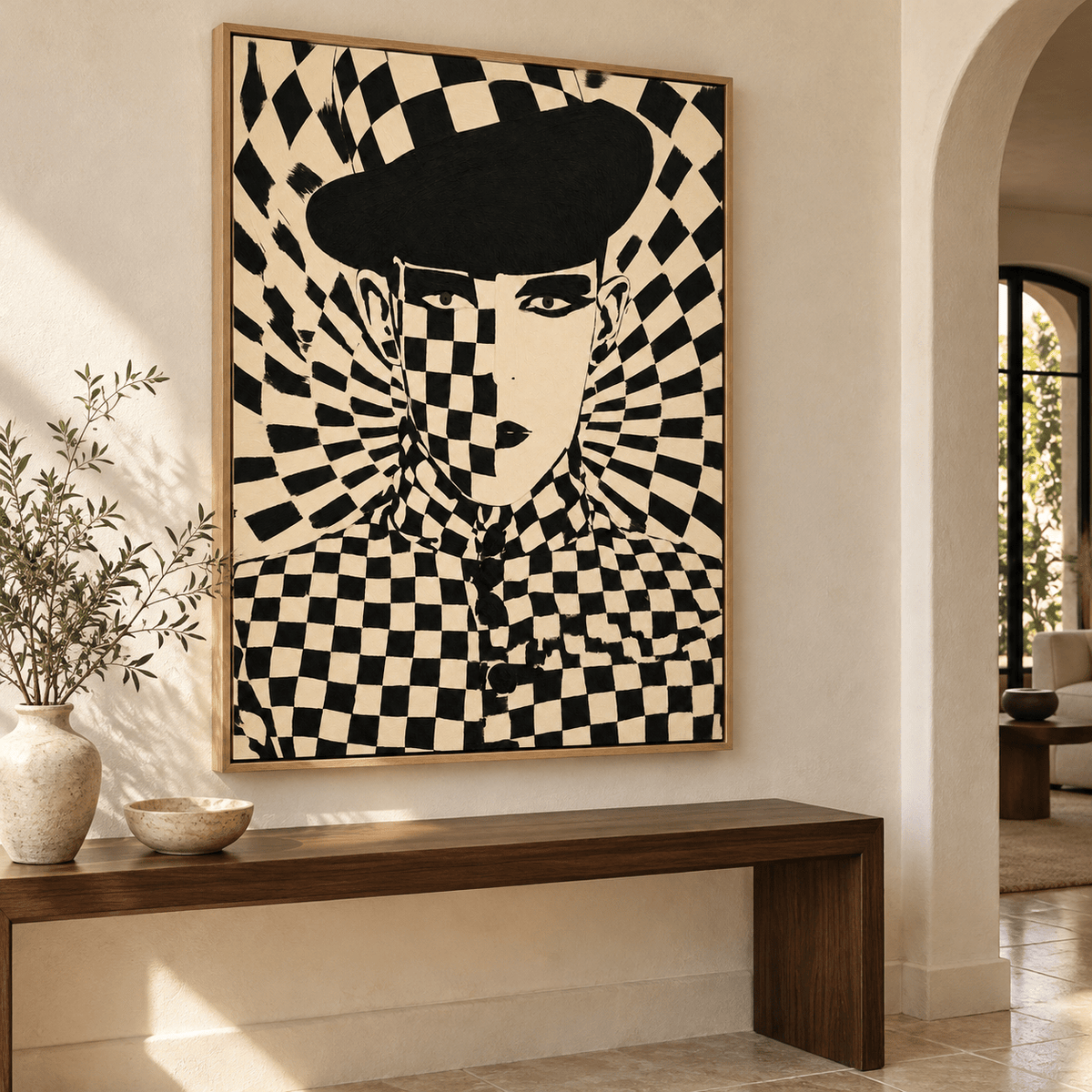 Checkered Wall Art – Checkmate Muse Canvas Print by Rossetti Art on the wall of an elegant entryway above a console