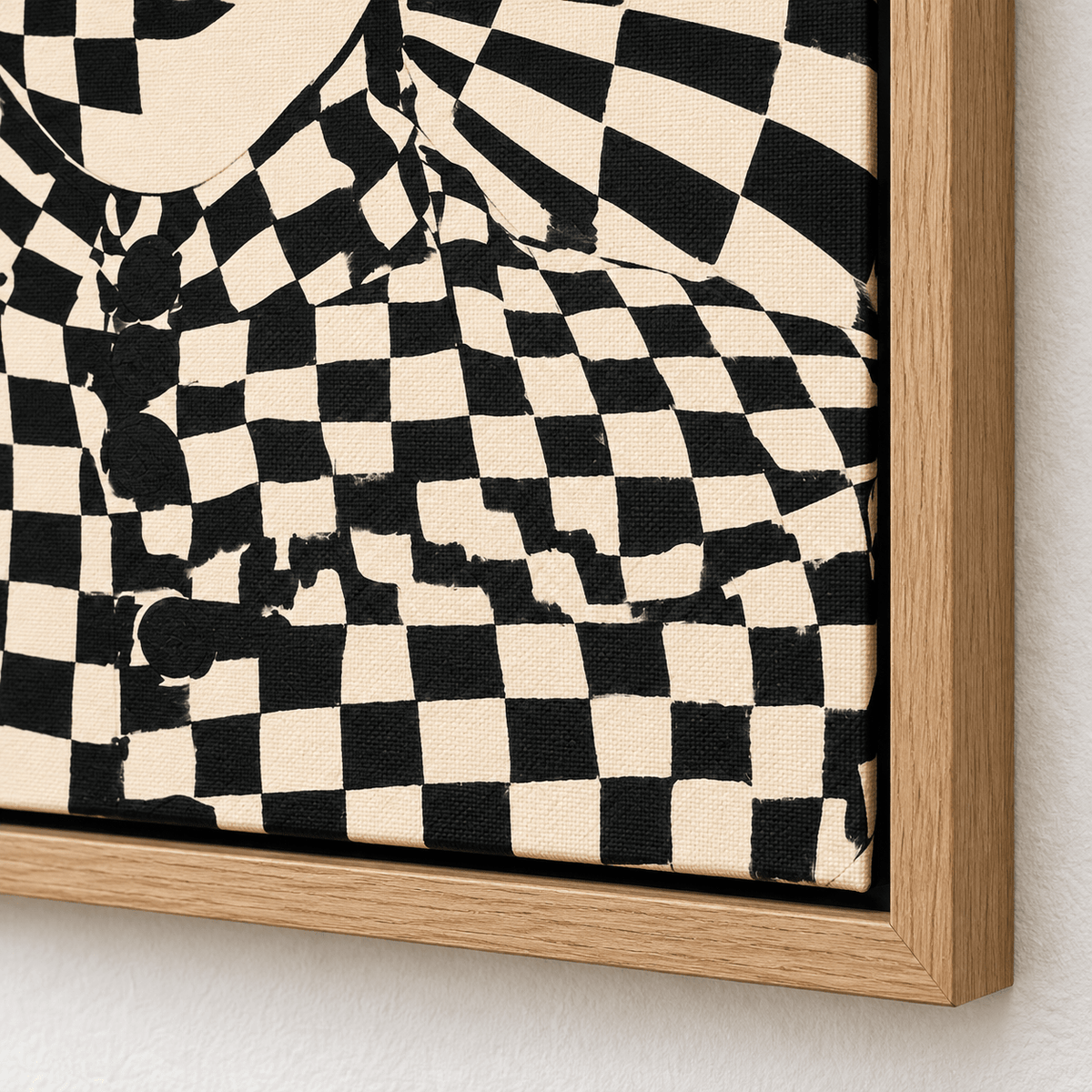 Checkered Wall Art – Checkmate Muse Canvas Print by Rossetti Art, close-up of the canvas texture, black and cream colors and frame corner