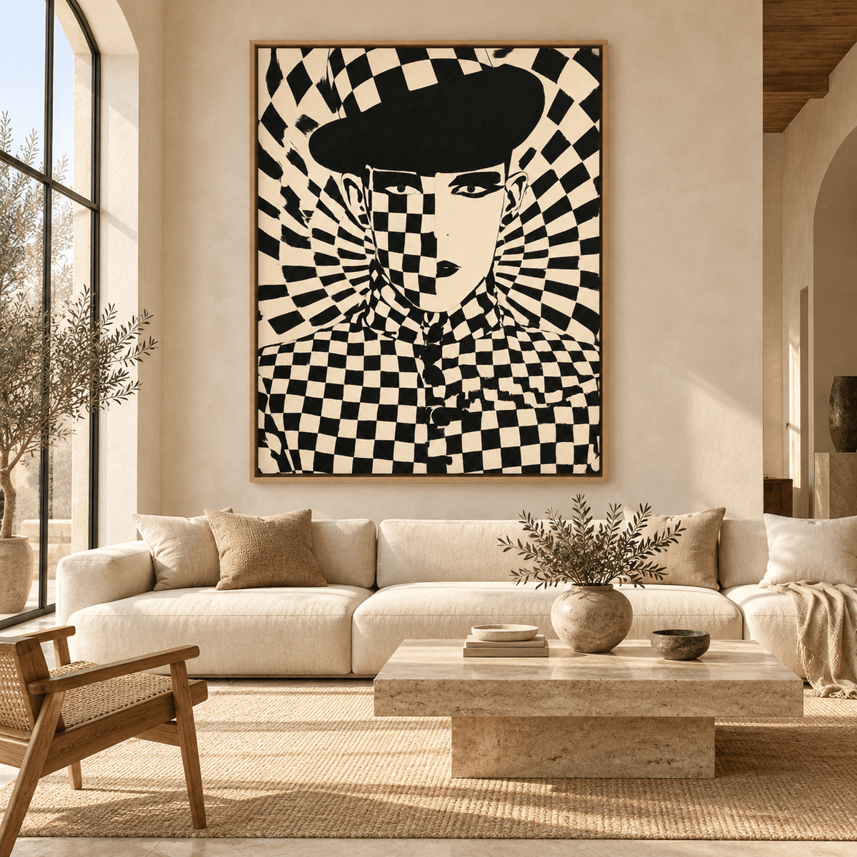 Checkered Wall Art – Checkmate Muse Canvas Print by Rossetti Art, oversized black and cream checkerboard portrait above a sofa in a large living room