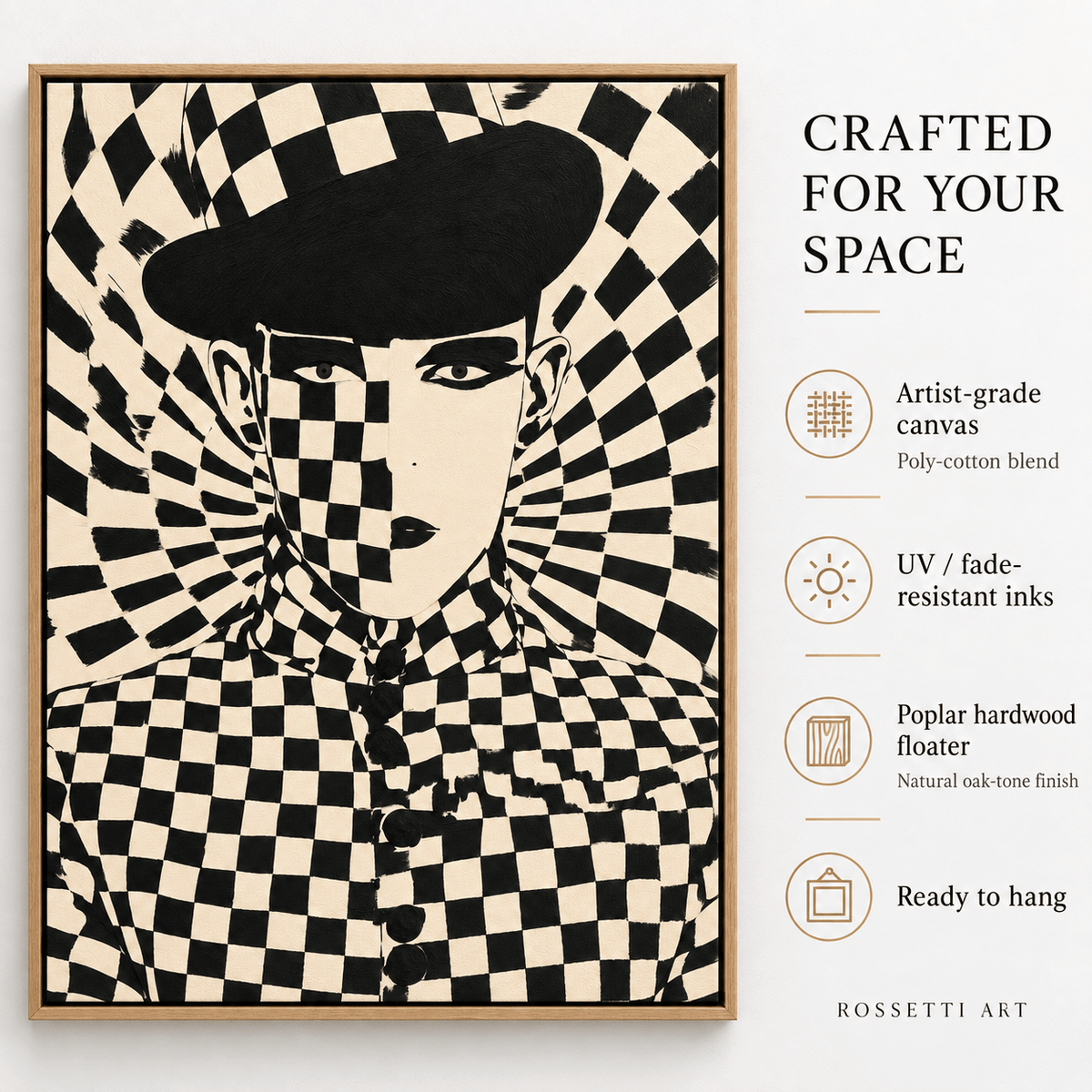 Checkered Wall Art – Checkmate Muse Canvas Print by Rossetti Art, front view with canvas, ink, floater frame and ready-to-hang details