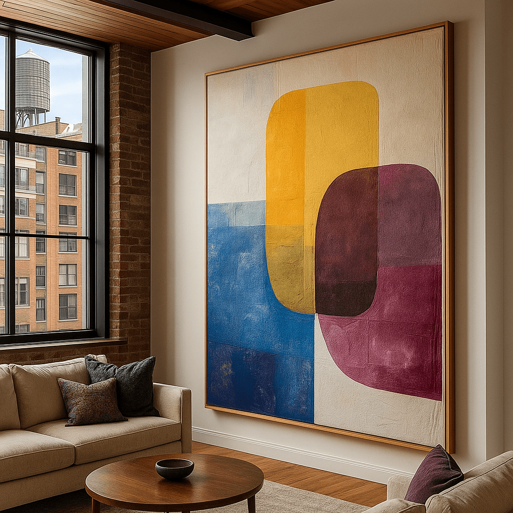 Canvas Print: Chromatic Balance - Modern Minimalist Wall Art in Blue, Yellow & Burgundy | Rossetti Art modern abstract canvas wall art by Rossetti Art – luxury interior design artwork for living room, bedroom, office – abstract wall art contemporary wall design extra large canvas wall art for living room