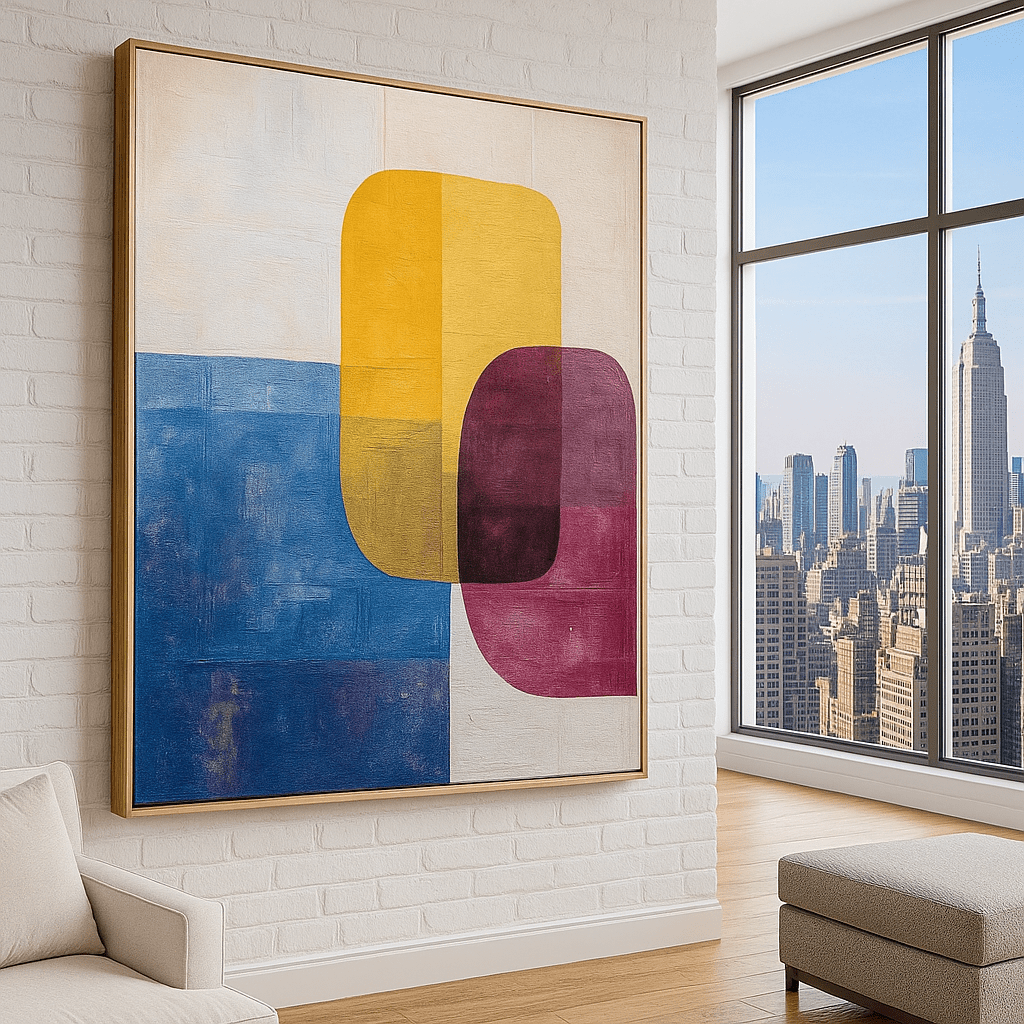 Canvas Print: Chromatic Balance - Modern Minimalist Wall Art in Blue, Yellow & Burgundy | Rossetti Art modern abstract canvas wall art by Rossetti Art – luxury interior design artwork for living room, bedroom, office – abstract wall art contemporary wall design extra large canvas wall art for living room