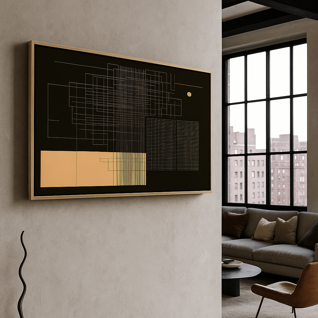 Canvas Print : Circuit of Stillness – Modern Abstract Geometric Wall Art modern abstract canvas wall art by Rossetti Art – luxury interior design artwork for living room, bedroom, office – abstract black and gold canvas japandi decor living room wall art