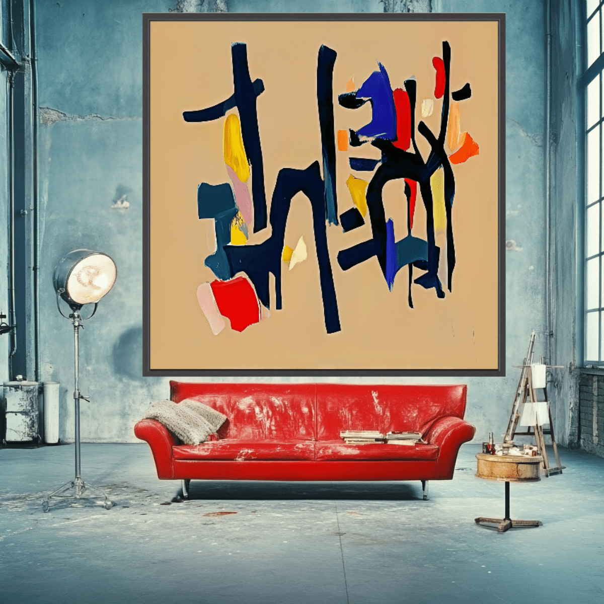 Canvas Print: Color Choreography – Abstract Expressionism Art modern abstract canvas wall art by Rossetti Art – luxury interior design artwork for living room, bedroom, office – Black and Beige Art blue and beige abstract painting Minimalist black and beige wall art