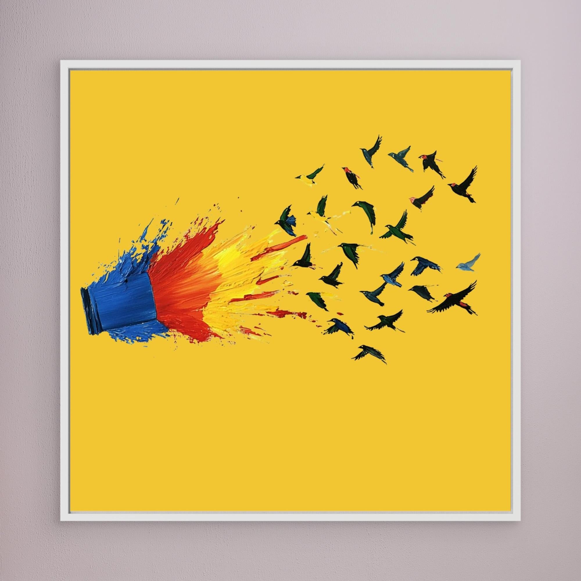 Canvas Print: Color Escape Flight - Abstract Bird Art modern abstract canvas wall art by Rossetti Art – luxury interior design artwork for living room, bedroom, office – Abstract Bird Art Bold Modern Decor Color Explosion Canvas