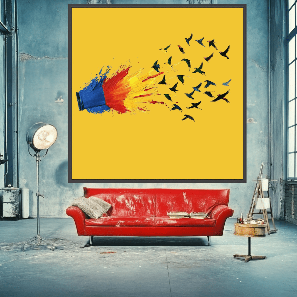 Canvas Print: Color Escape Flight - Abstract Bird Art modern abstract canvas wall art by Rossetti Art – luxury interior design artwork for living room, bedroom, office – Abstract Bird Art Bold Modern Decor Color Explosion Canvas