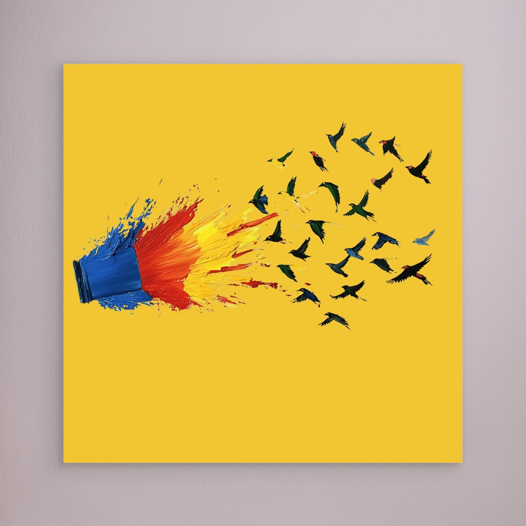 Canvas Print: Color Escape Flight - Abstract Bird Art modern abstract canvas wall art by Rossetti Art – luxury interior design artwork for living room, bedroom, office – Abstract Bird Art Bold Modern Decor Color Explosion Canvas
