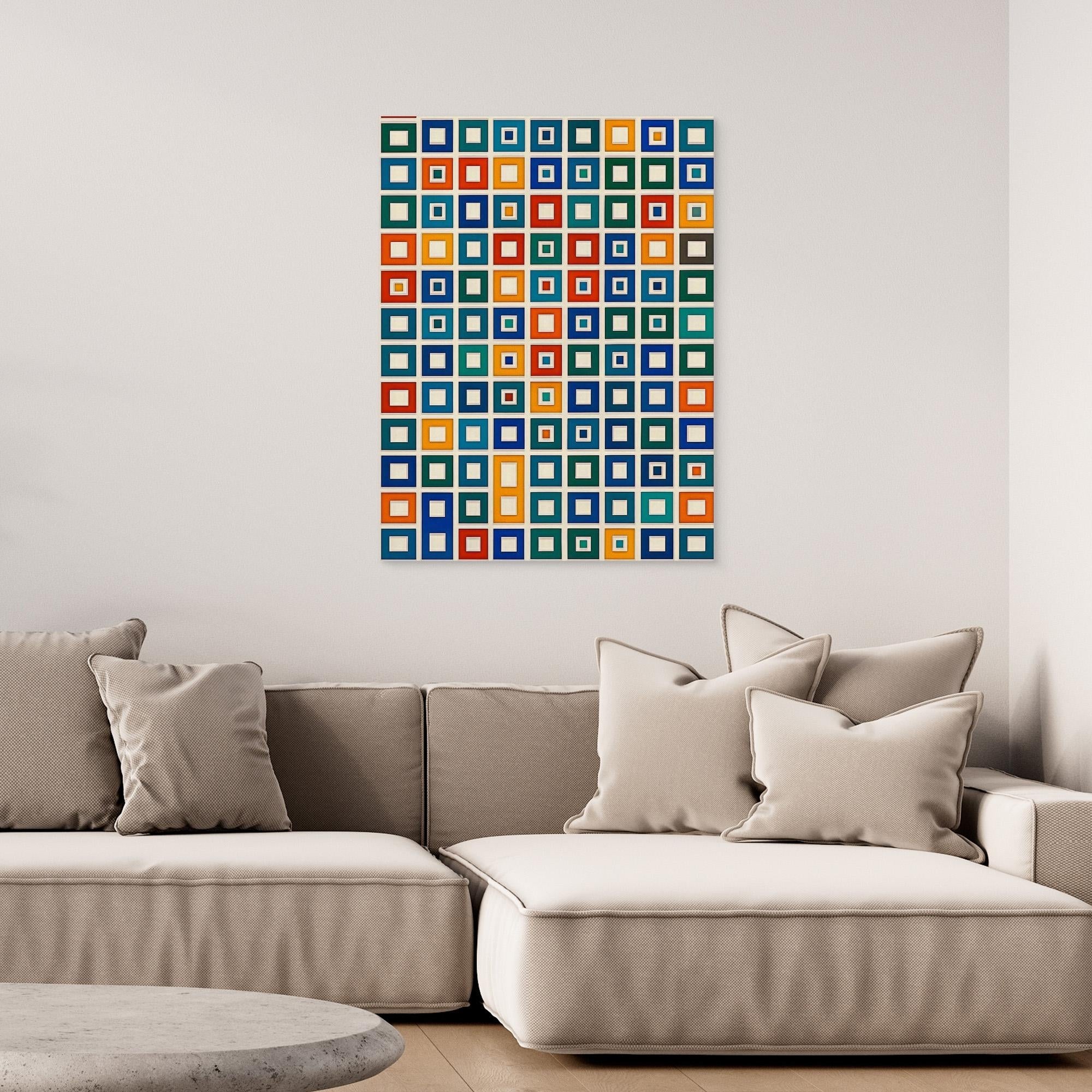 Canvas Print: “Color Grid Symphony” – Modern Colorful Square Pattern Art modern abstract canvas wall art by Rossetti Art – luxury interior design artwork for living room, bedroom, office – abstract geometric wall art Bauhaus Inspired Geometric Wall Art