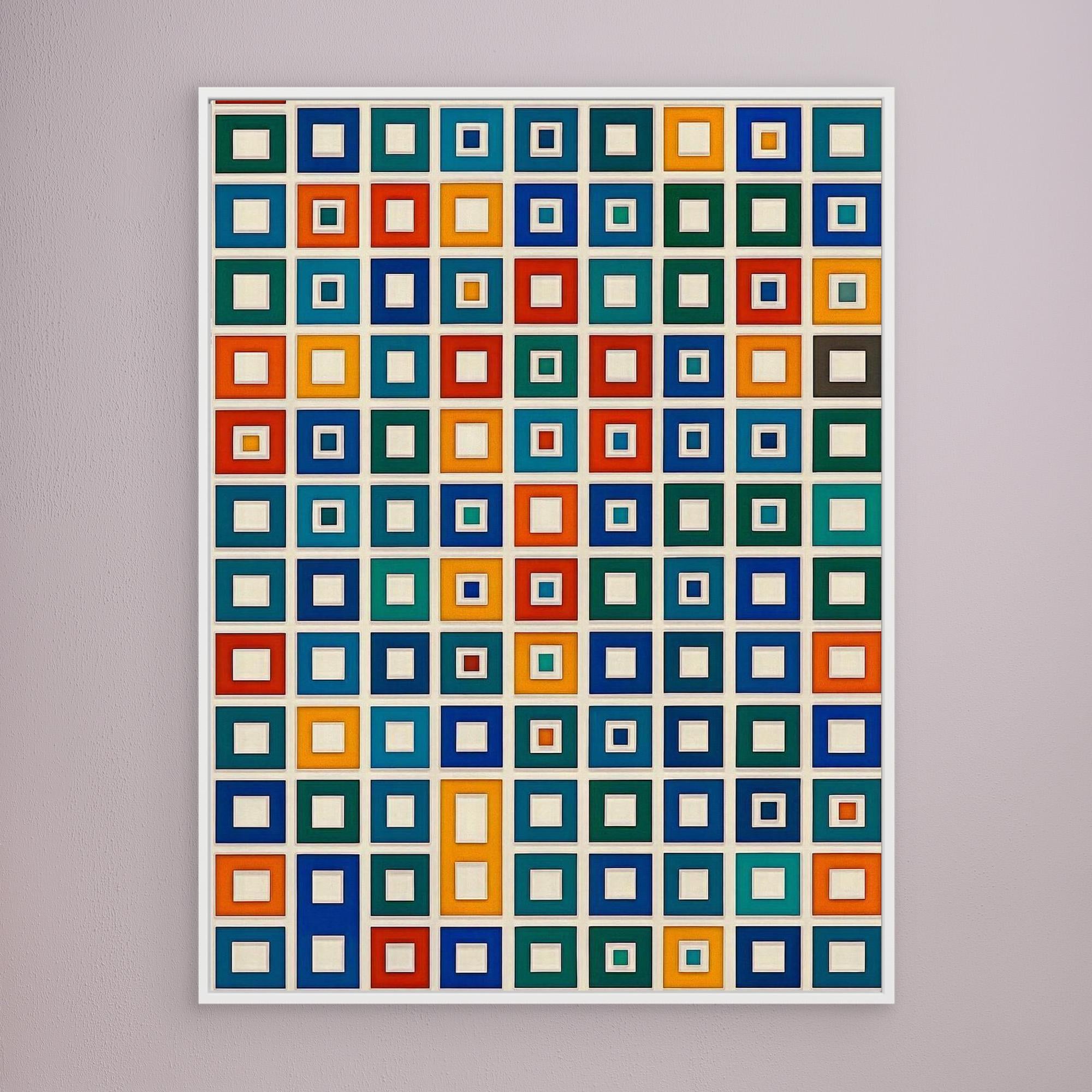 Canvas Print: “Color Grid Symphony” – Modern Colorful Square Pattern Art modern abstract canvas wall art by Rossetti Art – luxury interior design artwork for living room, bedroom, office – abstract geometric wall art Bauhaus Inspired Geometric Wall Art
