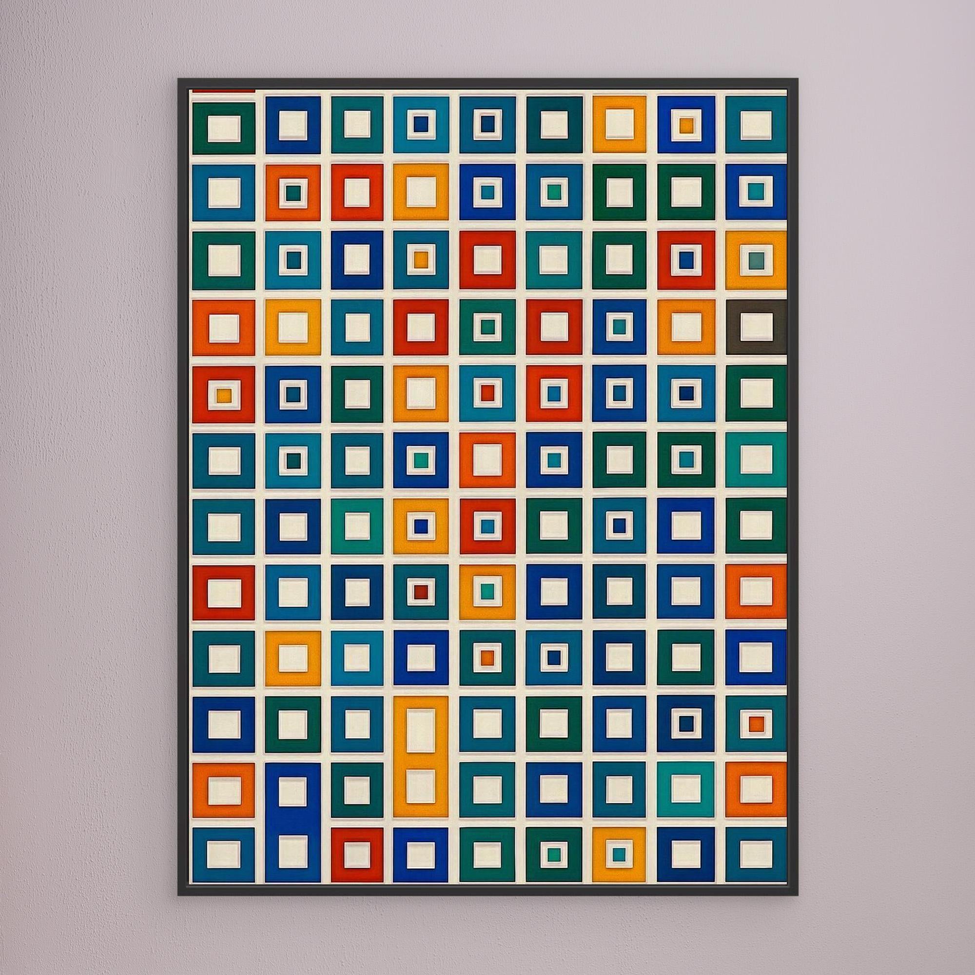 Canvas Print: “Color Grid Symphony” – Modern Colorful Square Pattern Art modern abstract canvas wall art by Rossetti Art – luxury interior design artwork for living room, bedroom, office – abstract geometric wall art Bauhaus Inspired Geometric Wall Art