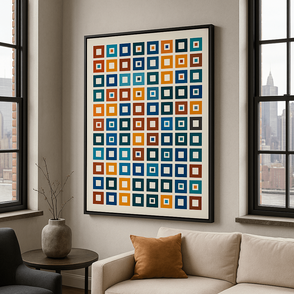 Canvas Print: “Color Grid Symphony” – Modern Colorful Square Pattern Art modern abstract canvas wall art by Rossetti Art – luxury interior design artwork for living room, bedroom, office – abstract geometric wall art Bauhaus Inspired Geometric Wall Art