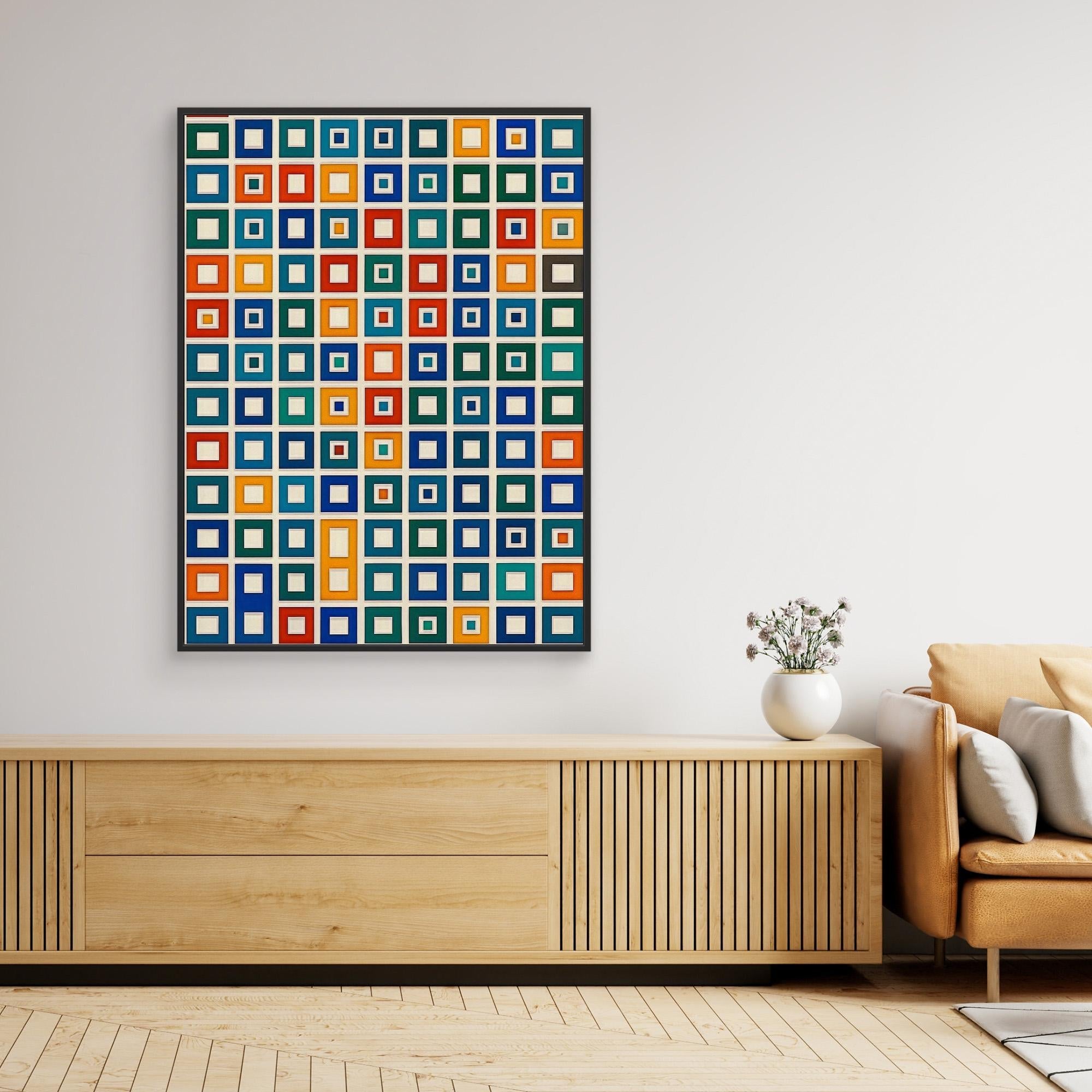Canvas Print: “Color Grid Symphony” – Modern Colorful Square Pattern Art modern abstract canvas wall art by Rossetti Art – luxury interior design artwork for living room, bedroom, office – abstract geometric wall art Bauhaus Inspired Geometric Wall Art