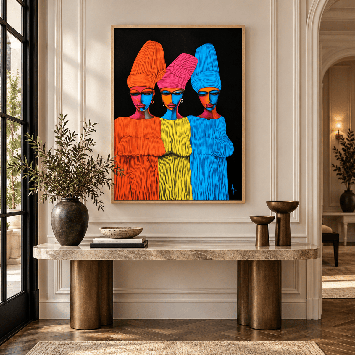 Oversized colorful African art canvas print above a bed – Radiant Trio by Rossetti Art