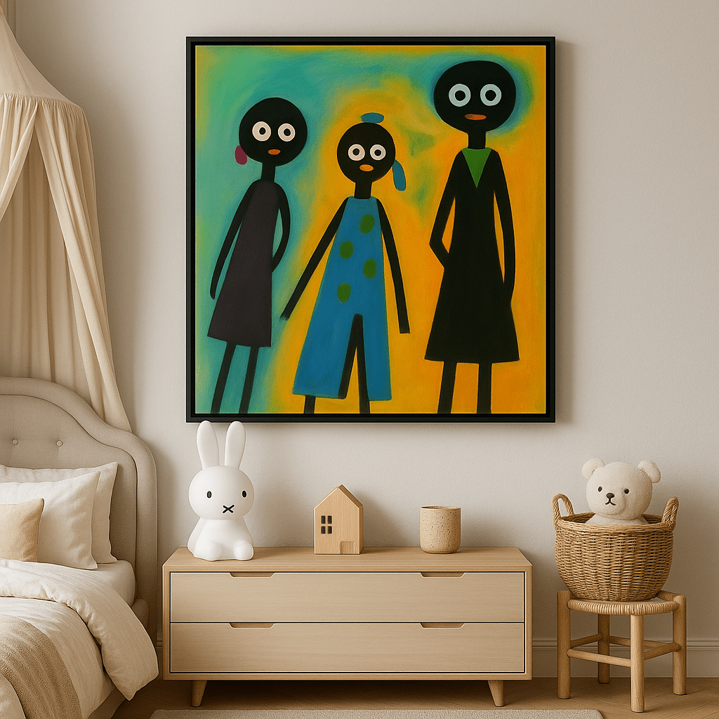 Canvas Print: Colorful Companions – Abstract Stick Figure Wall Art modern abstract canvas wall art by Rossetti Art – luxury interior design artwork for living room, bedroom, office – Contemporary Art for Sale contemporary art piece Contemporary art print