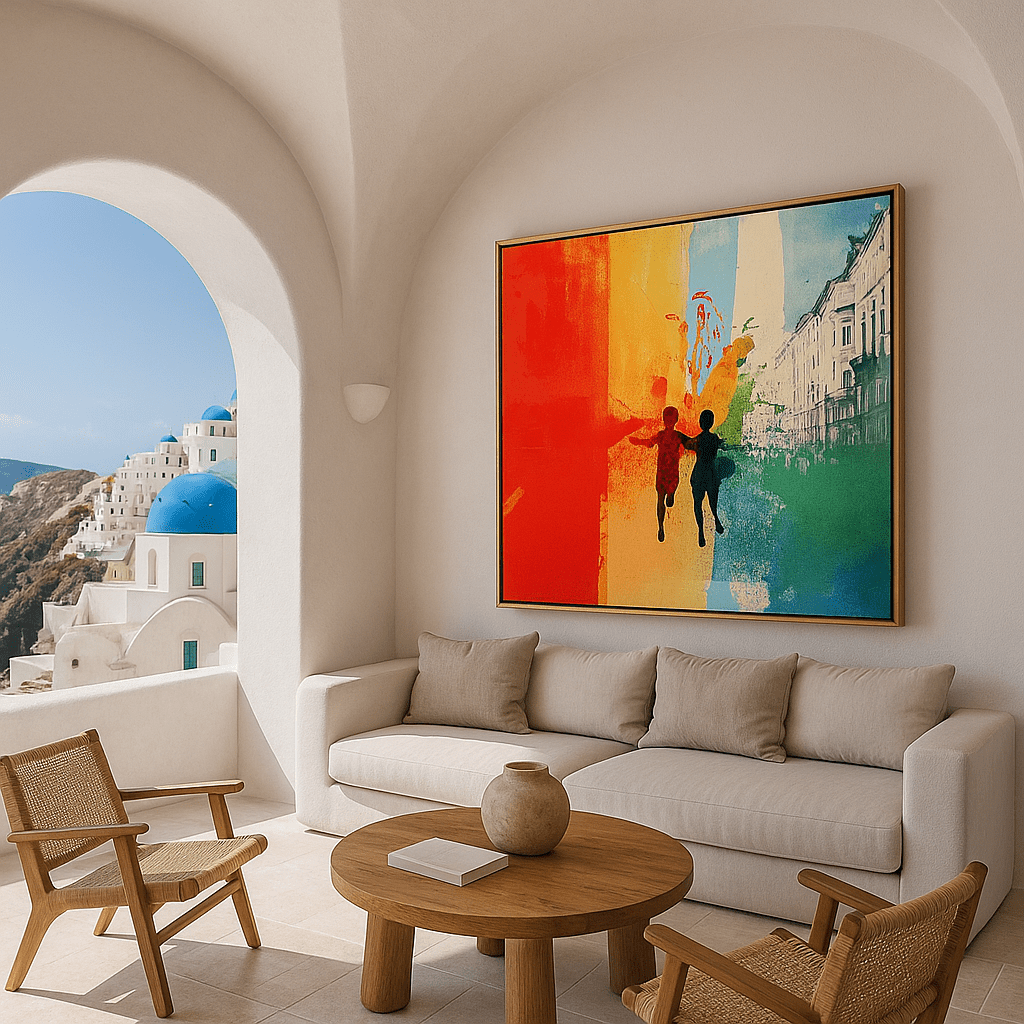 Canvas Print: "Colorful Stroll" - Vibrant Abstract Urban Wall Art modern abstract canvas wall art by Rossetti Art – luxury interior design artwork for living room, bedroom, office – Abstract Canvas Art Abstract Canvas Print Abstract Canvas Prints