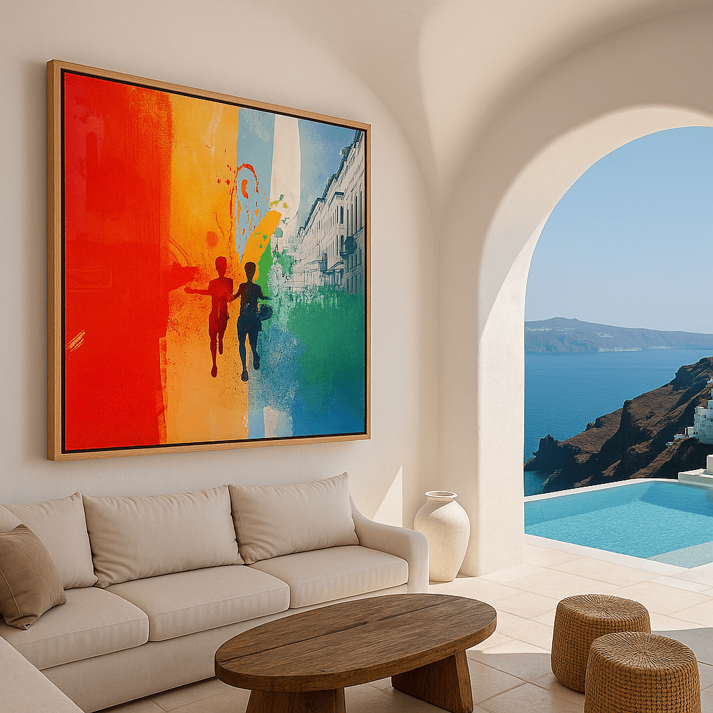 Canvas Print: "Colorful Stroll" - Vibrant Abstract Urban Wall Art modern abstract canvas wall art by Rossetti Art – luxury interior design artwork for living room, bedroom, office – Abstract Canvas Art Abstract Canvas Print Abstract Canvas Prints