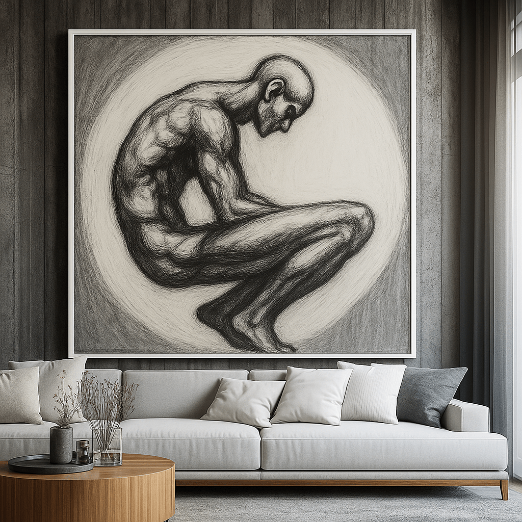Canvas Print: Contemplative Nude Figure in Monochrome modern abstract canvas wall art by Rossetti Art – luxury interior design artwork for living room, bedroom, office – Contemporary Art for Sale contemporary art piece Contemporary art print