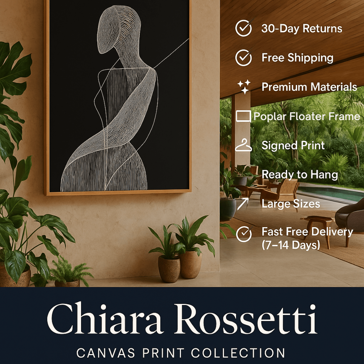 Canvas Print : Contour Whisper – Minimalist Female Line Art on Black Canvas modern abstract canvas wall art by Rossetti Art – luxury interior design artwork for living room, bedroom, office – black and beige wall art Black And White Art Black and white artwork