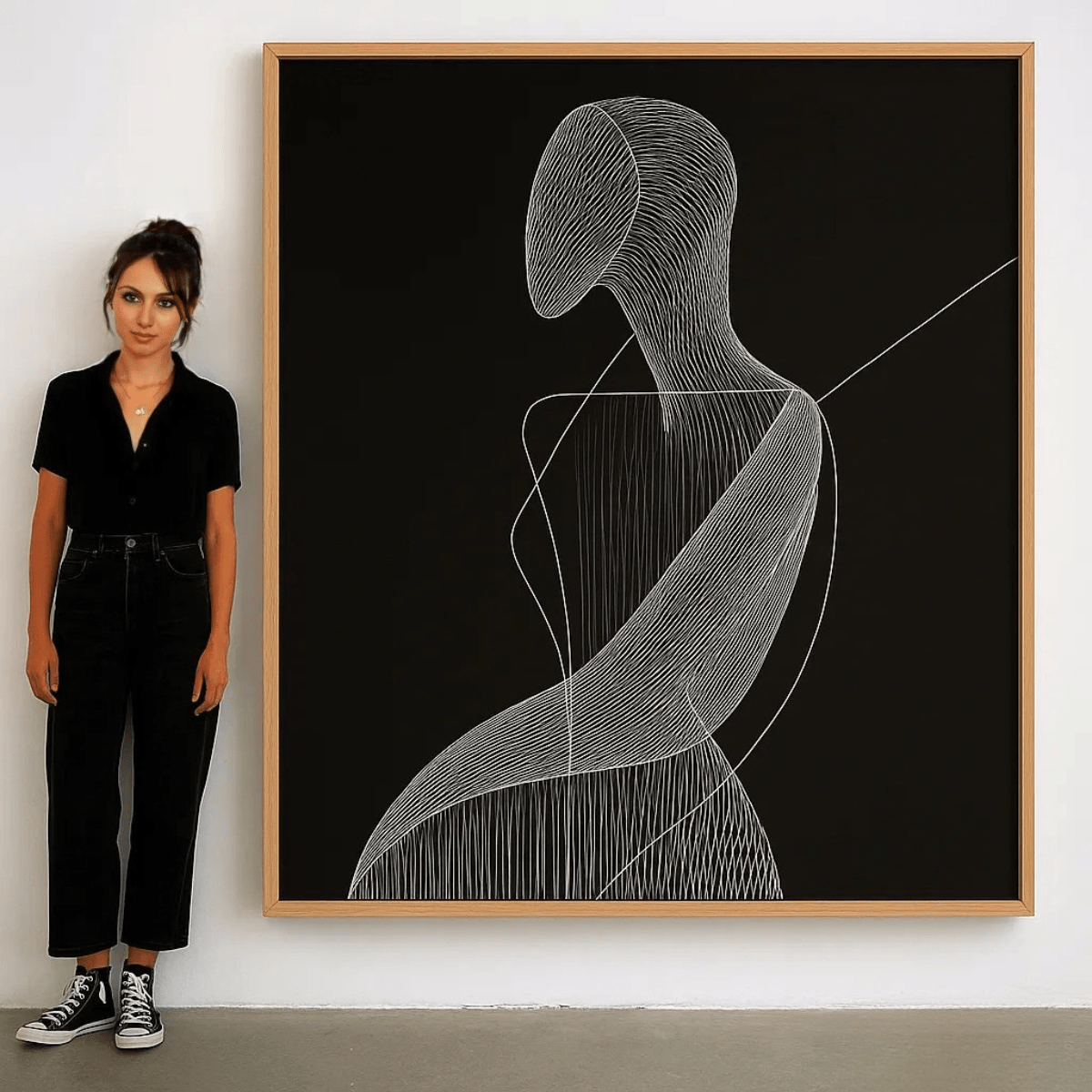 Canvas Print : Contour Whisper – Minimalist Female Line Art on Black Canvas modern abstract canvas wall art by Rossetti Art – luxury interior design artwork for living room, bedroom, office – black and beige wall art Black And White Art Black and white artwork