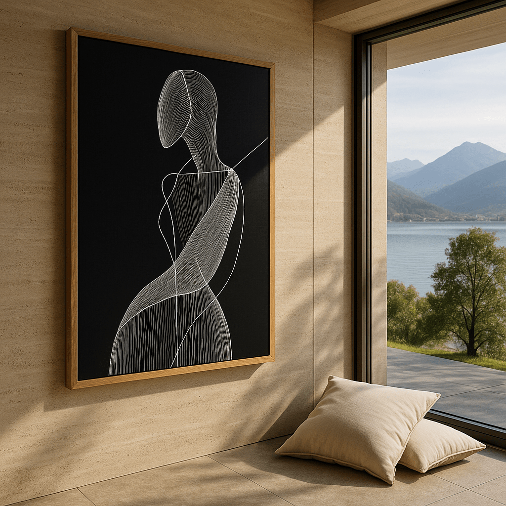 Canvas Print : Contour Whisper – Minimalist Female Line Art on Black Canvas modern abstract canvas wall art by Rossetti Art – luxury interior design artwork for living room, bedroom, office – black and beige wall art Black And White Art Black and white artwork