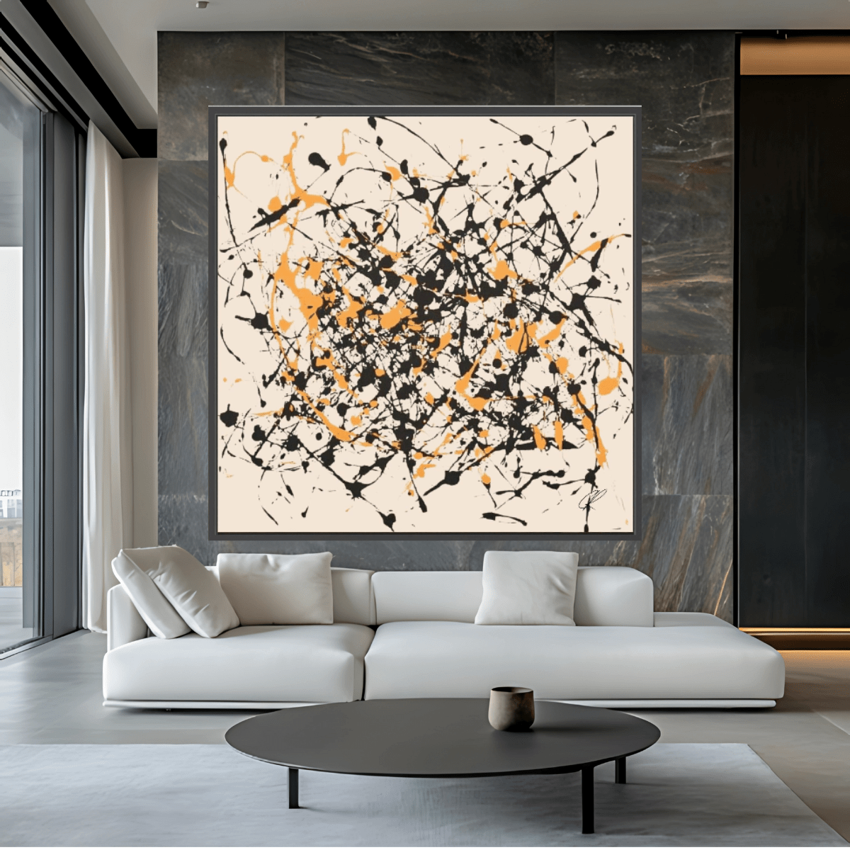 Canvas Print: Controlled Chaos – Abstract Drip Splatter Art modern abstract canvas wall art by Rossetti Art – luxury interior design artwork for living room, bedroom, office – Abstract Drip Art Black and Orange Splatter Canvas Expressionist Wall Art
