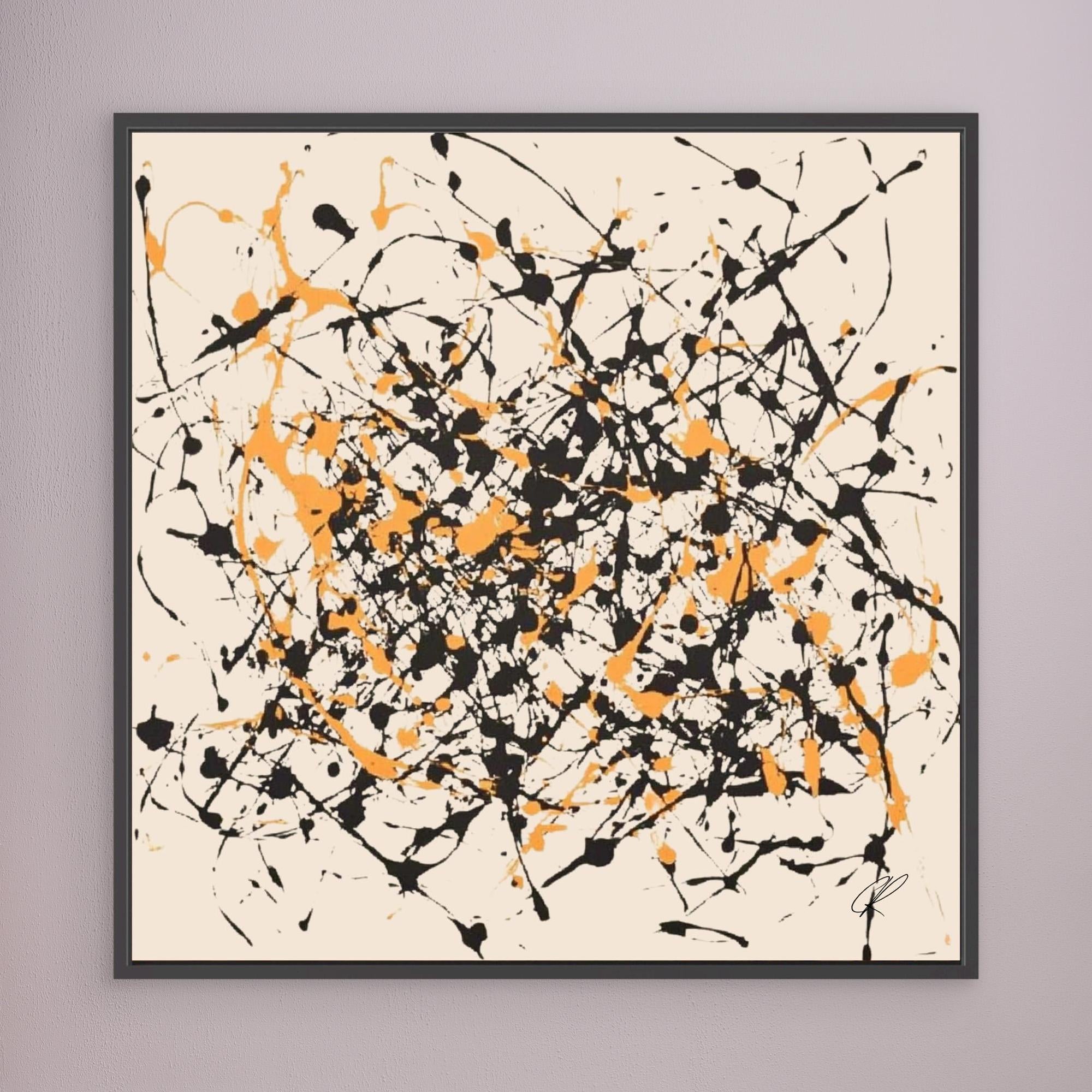 Canvas Print: Controlled Chaos – Abstract Drip Splatter Art modern abstract canvas wall art by Rossetti Art – luxury interior design artwork for living room, bedroom, office – Abstract Drip Art Black and Orange Splatter Canvas Expressionist Wall Art