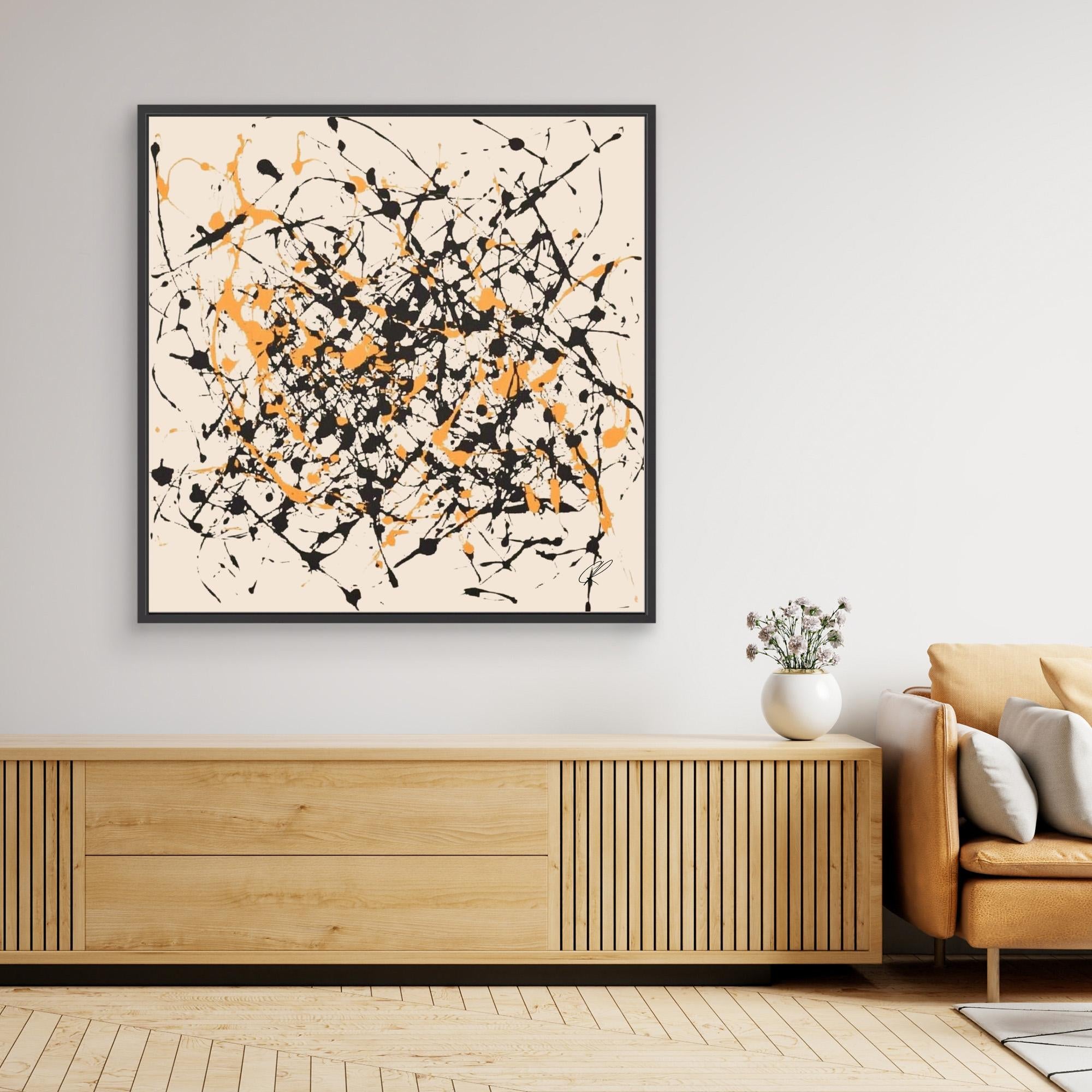 Canvas Print: Controlled Chaos – Abstract Drip Splatter Art modern abstract canvas wall art by Rossetti Art – luxury interior design artwork for living room, bedroom, office – Abstract Drip Art Black and Orange Splatter Canvas Expressionist Wall Art